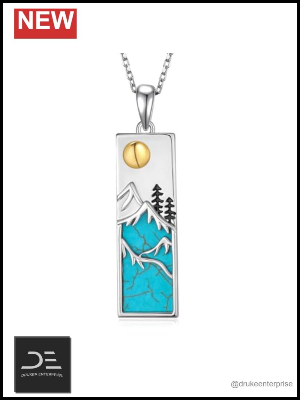 925 Sterling Silver Genuine Turquoise Mountain Pendant Necklace 18+2 Inch